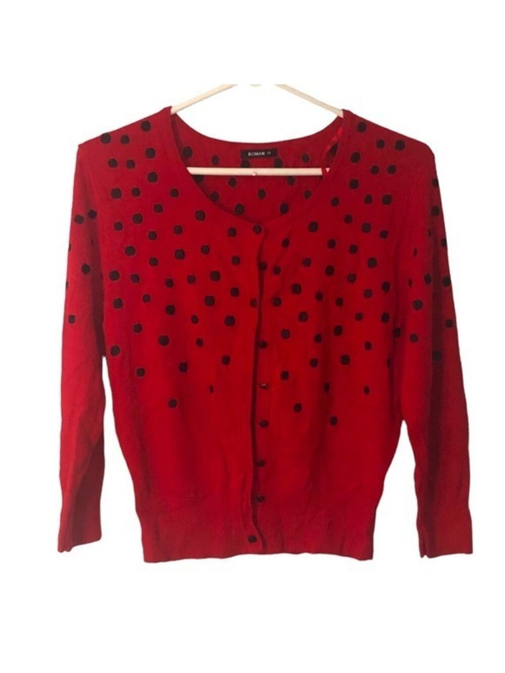 Roman Womens Crew neck Button Front Cardigan Sweater‎ Red Polka Dots Size 10